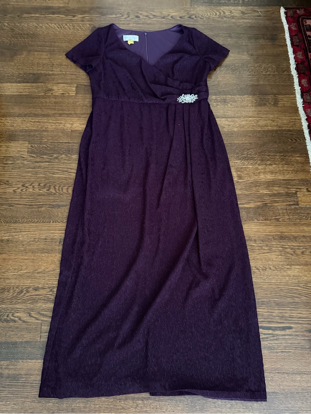 Oleg Cassini Deep Purple Lace-Texture Maxi Dress with Brooch Accent